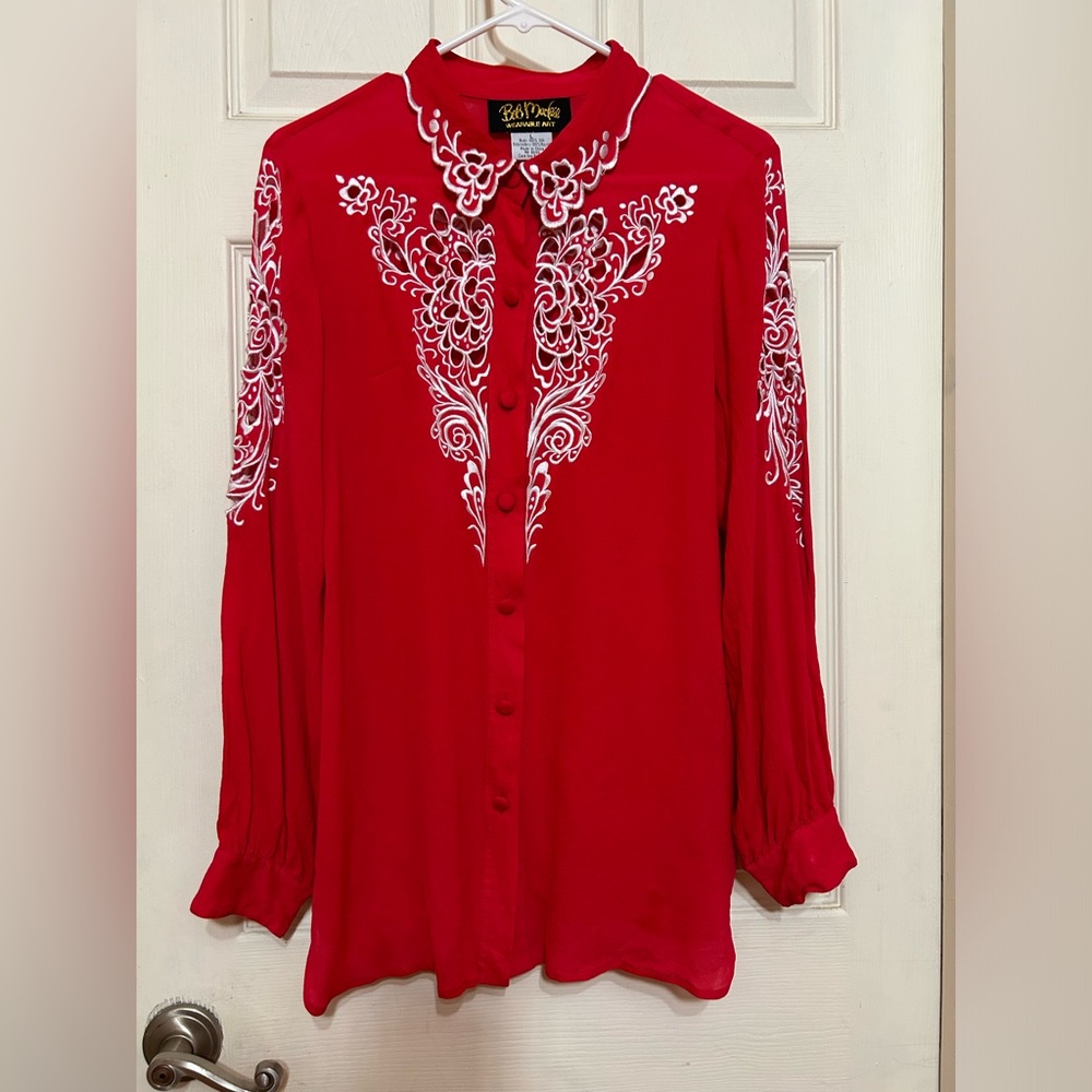 Bob Mackie Wearable Art 100% Silk Button Down embroidered cut out L